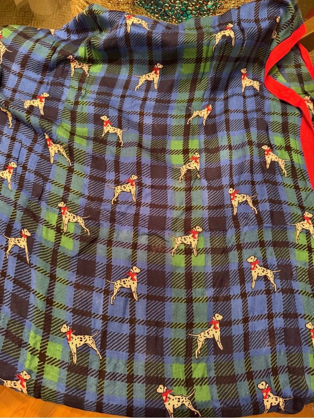 NEW Talbots Blue & Green Tartan Dalmatian Dog-Print Pet Scarf 72”z12” Red Trim